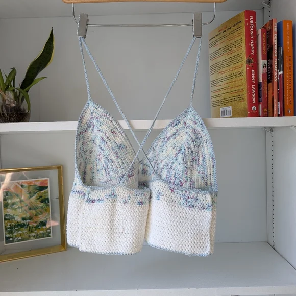 Handmade Crocheted Bralette Tank Top Cropped Blue White Speckle Sz Medium - Picture 3 of 10